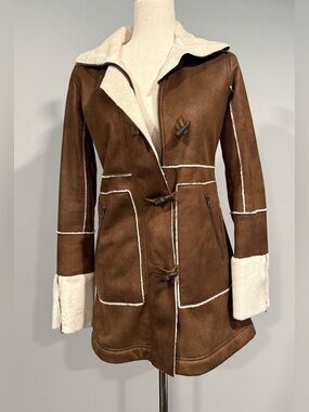 Athleta Brown Faux Suede and Shearling Zipper and Toggle Coat